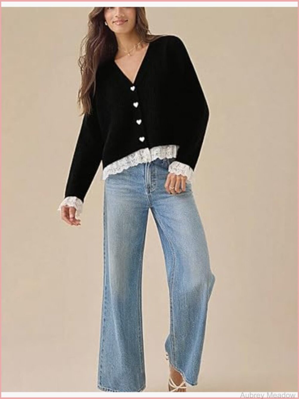 V-Neck Lace Trim Cardigan Heart Button Front Knit Sweater Open Long Sleeve - Picture 2 of 4